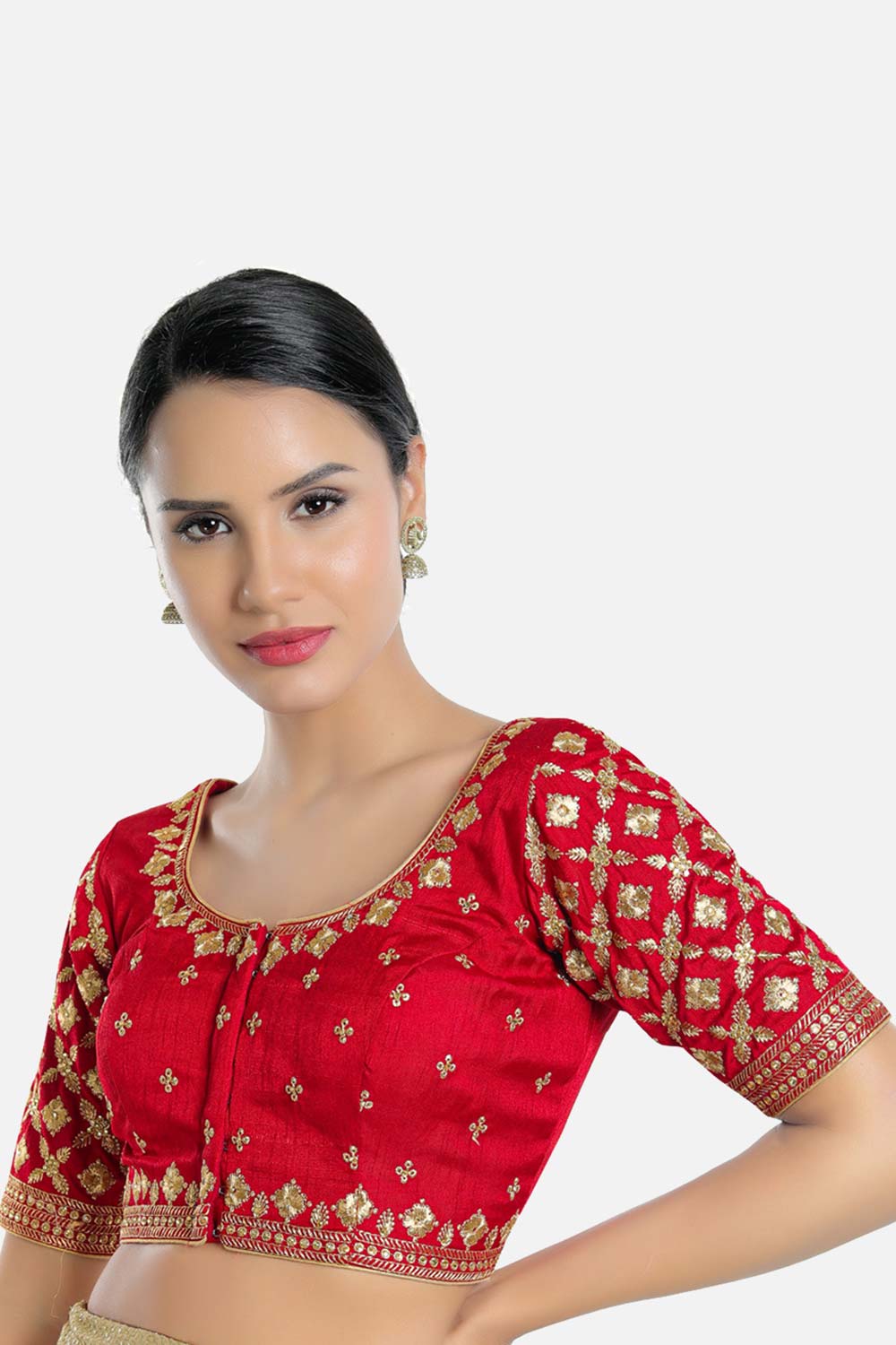 Red Silk Embroidered Elbow Sleeves Blouse
