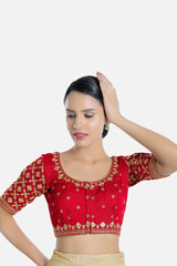 Red Silk Embroidered Elbow Sleeves Blouse