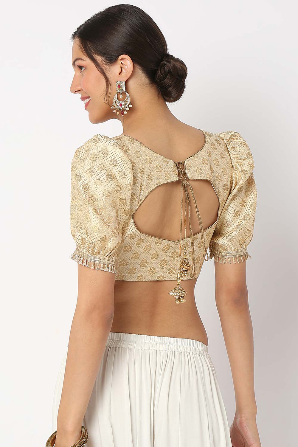 Cream Brocade Embroidered Elbow Sleeves Blouse