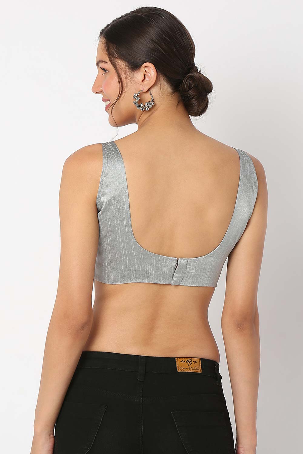 Silver Silk Solid Sleeveless Blouse