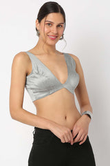 Silver Silk Solid Sleeveless Blouse