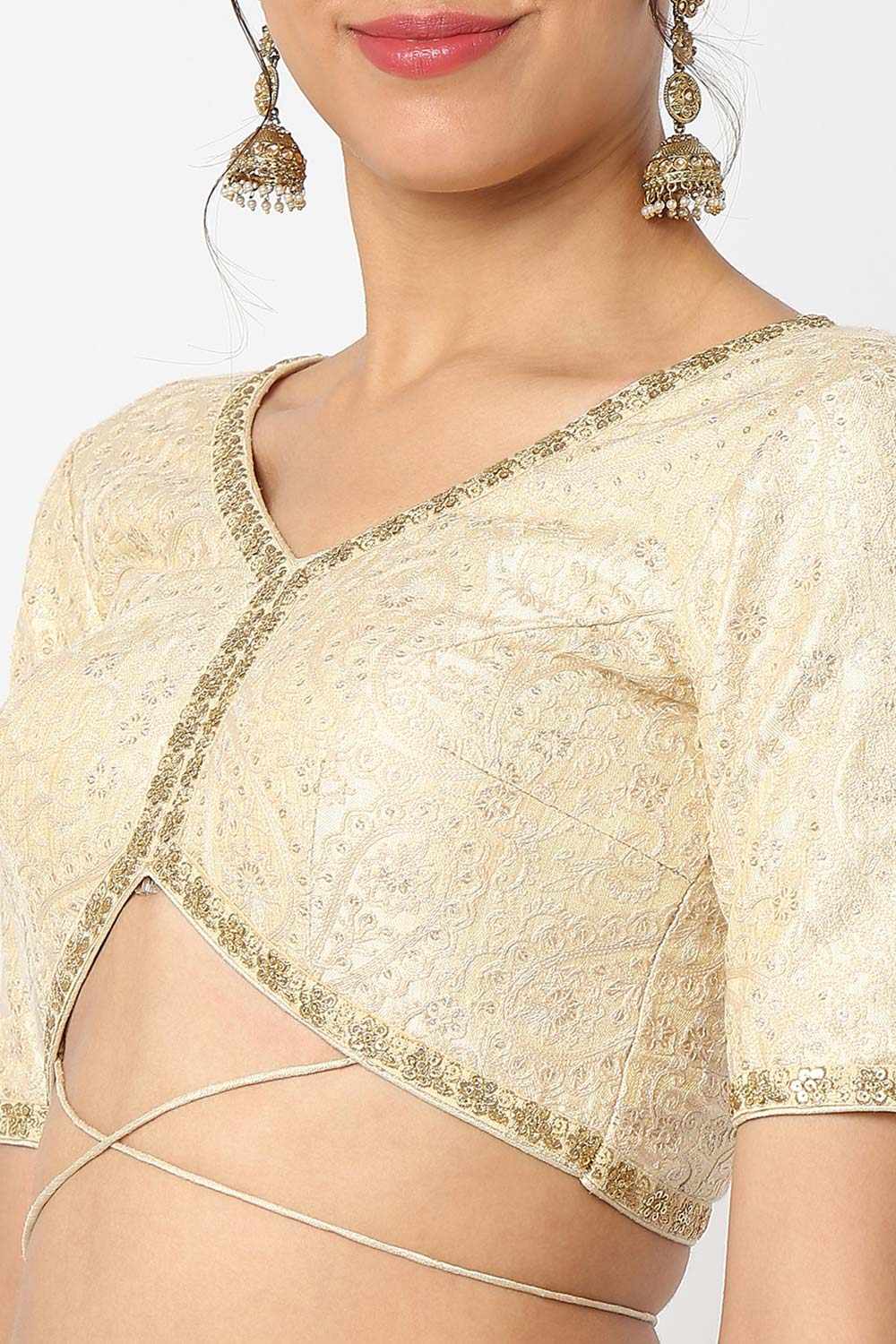 Cream Silk Embroidered Elbow Sleeves Blouse
