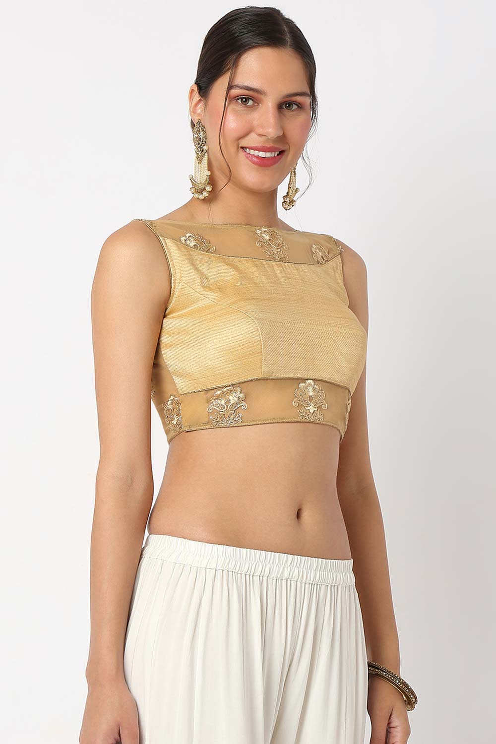 Gold Silk Embroidered Sleeveless Blouse