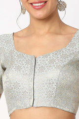 Silver Brocade Self Design Elbow Sleeves Blouse