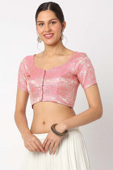 Pink Brocade Self Design Elbow Sleeves Blouse