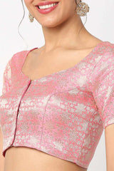 Pink Brocade Self Design Elbow Sleeves Blouse