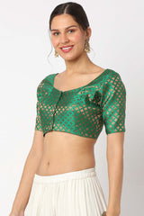 Green Brocade Self Design Elbow Sleeves Blouse