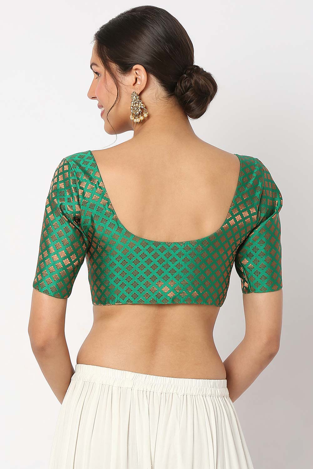 Green Brocade Self Design Elbow Sleeves Blouse