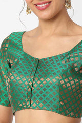 Green Brocade Self Design Elbow Sleeves Blouse