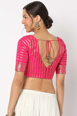 Pink Banarasi Self Design Elbow Sleeves Blouse