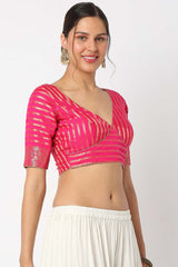 Pink Banarasi Self Design Elbow Sleeves Blouse