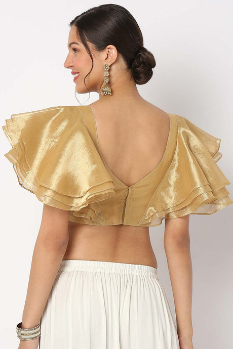 Gold Organza Solid Elbow Sleeves Blouse