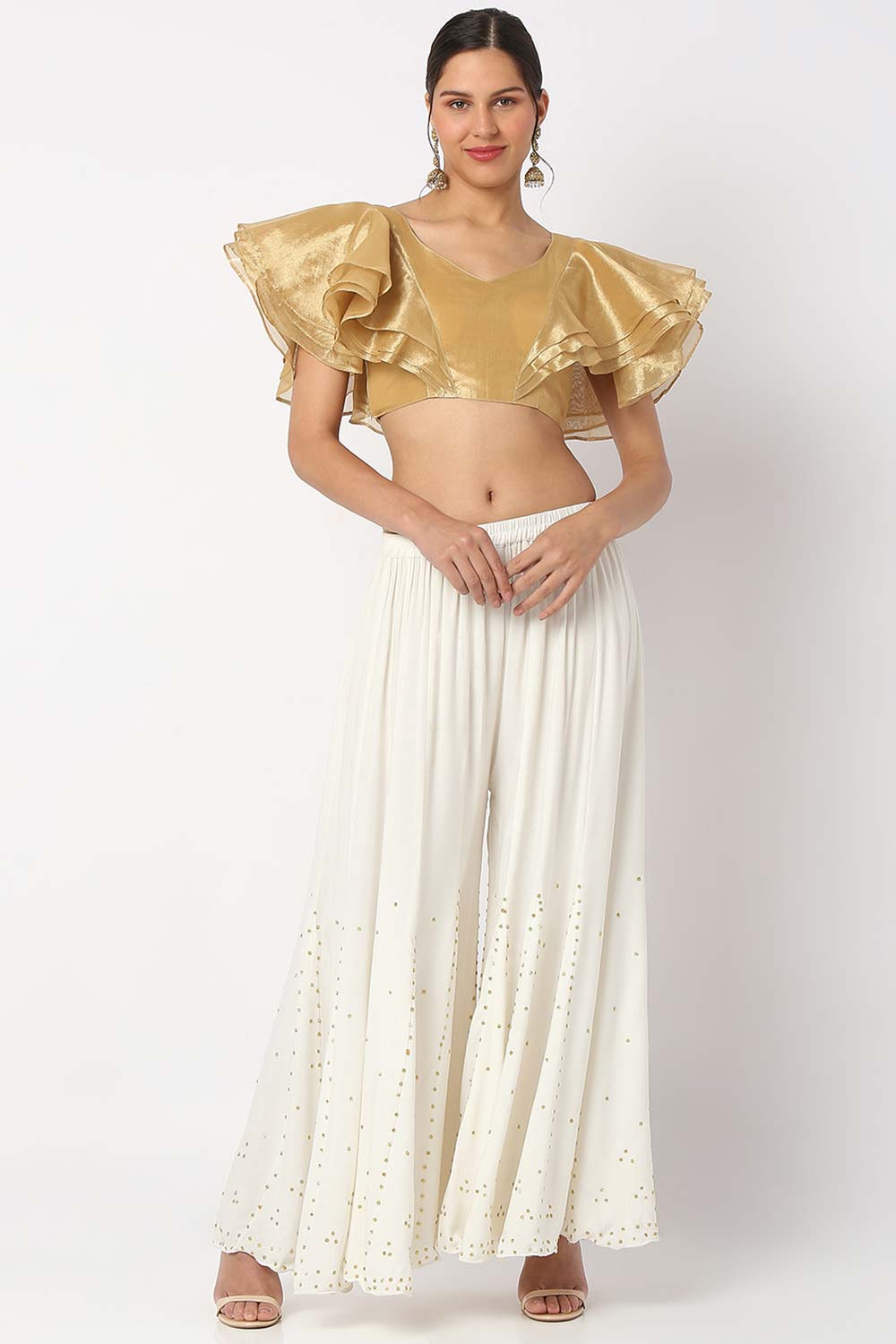 Gold Organza Solid Elbow Sleeves Blouse