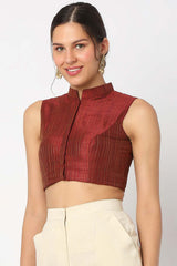 Maroon Cotton Silk Self Design Sleeveless Blouse