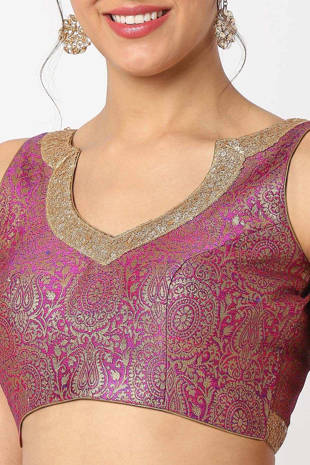 Pink Brocade Embroidered Sleeveless Blouse