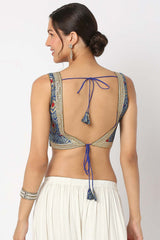Blue Brocade Embroidered Sleeveless Blouse