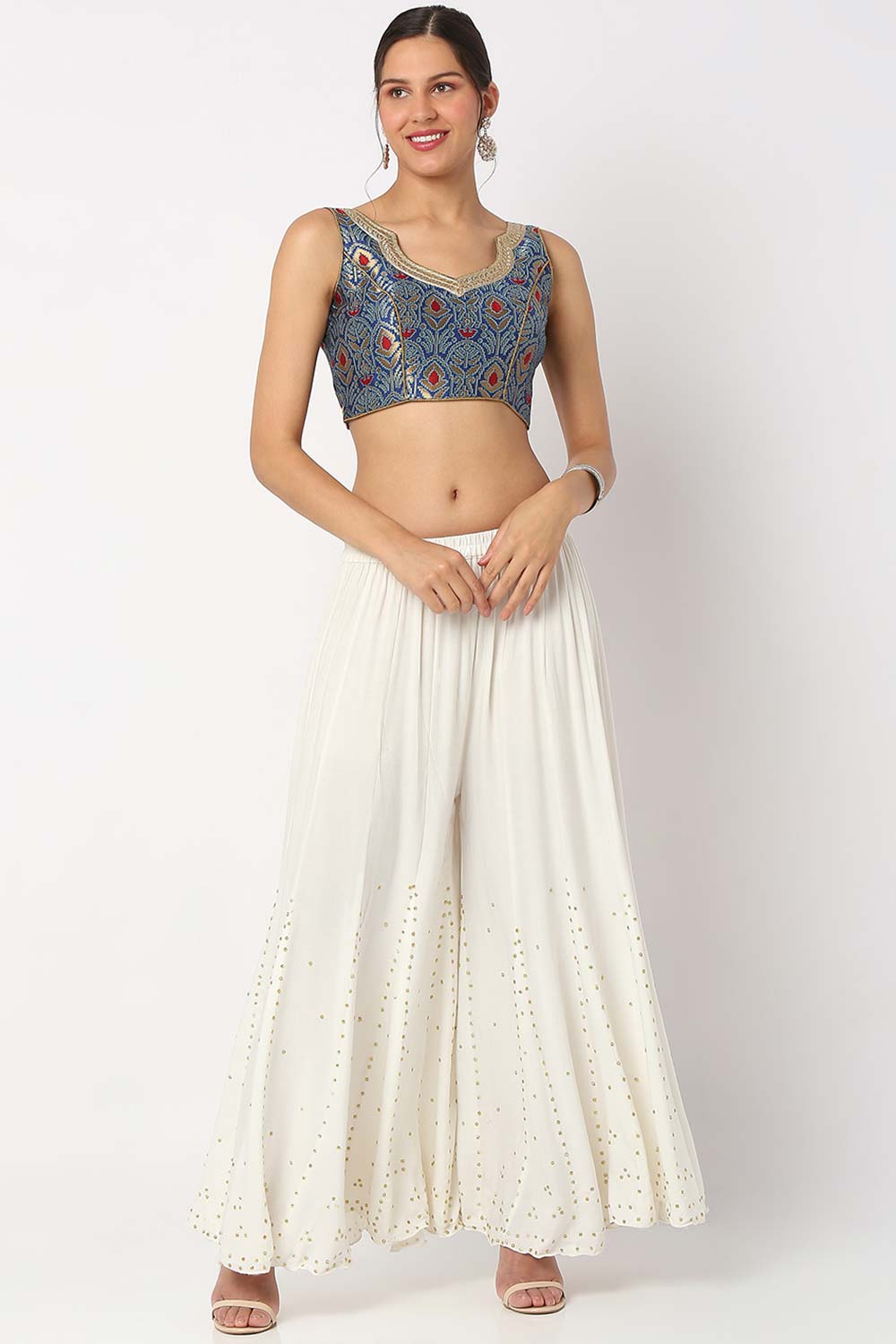 Blue Brocade Embroidered Sleeveless Blouse