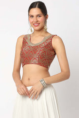 Red Brocade Embroidered Sleeveless Blouse