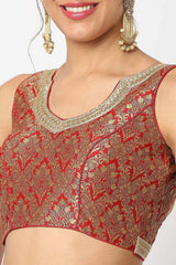 Red Brocade Embroidered Sleeveless Blouse