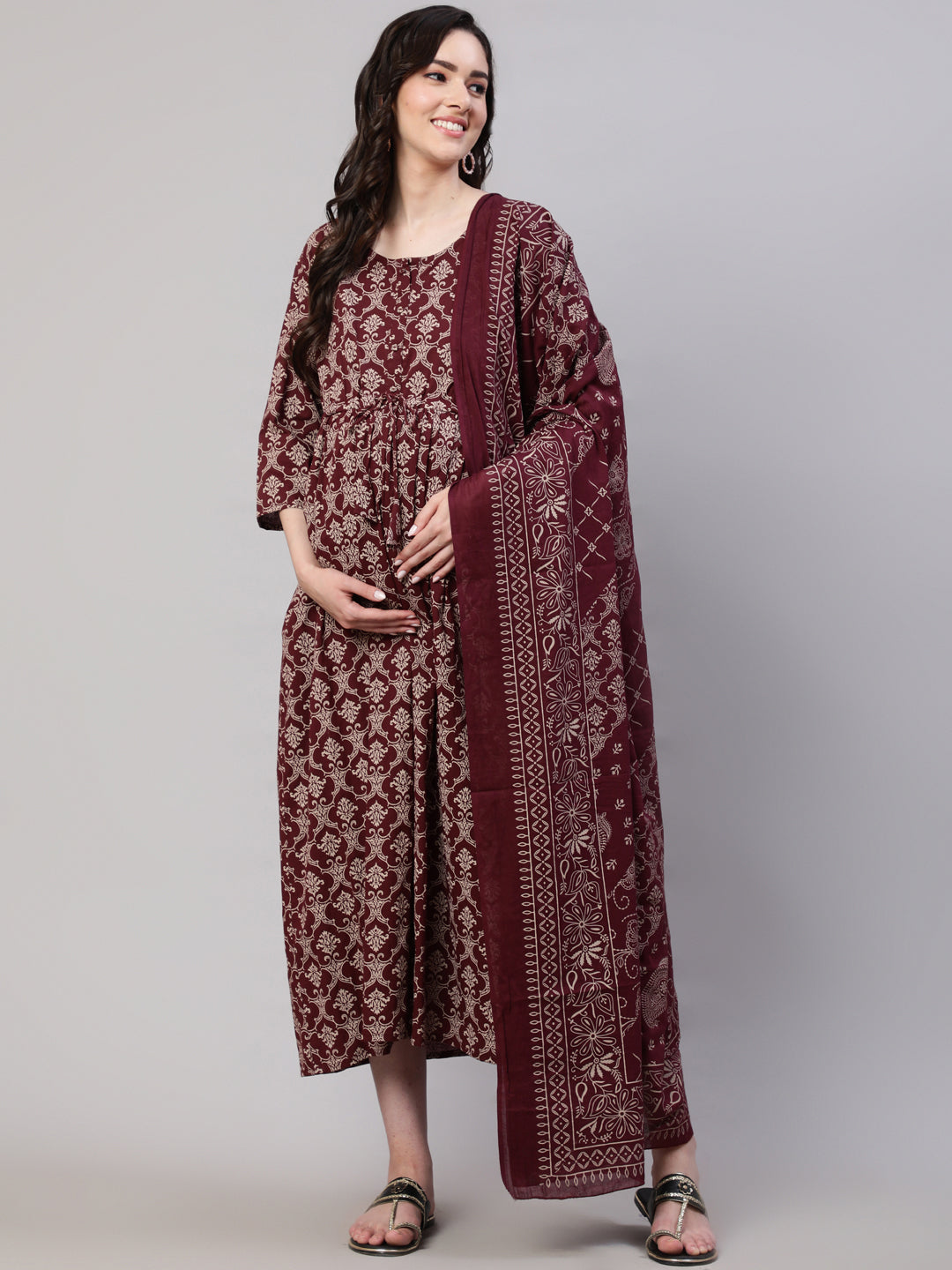 Burgundy  Pure Cotton Printed Dresses