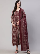 Burgundy  Pure Cotton Printed Dresses