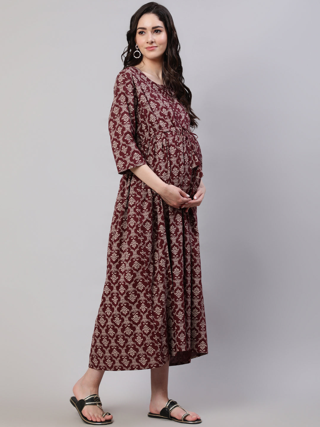 Burgundy  Pure Cotton Printed Dresses