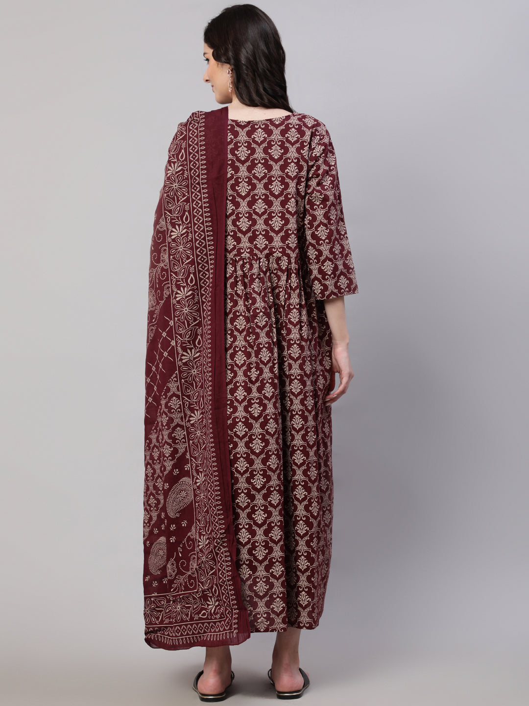 Burgundy  Pure Cotton Printed Dresses