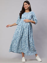 Blue  Pure Cotton Printed Dresses