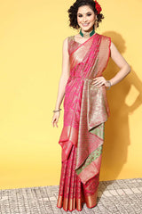 Pink Silk Blend Geometric Woven Design Banarasi Saree