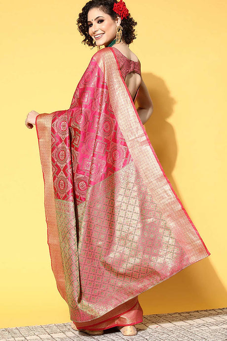Pink Silk Blend Geometric Woven Design Banarasi Saree