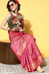 Pink Silk Blend Geometric Woven Design Banarasi Saree