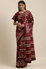 Maroon Manipuri Silk Floral Block Print Saree