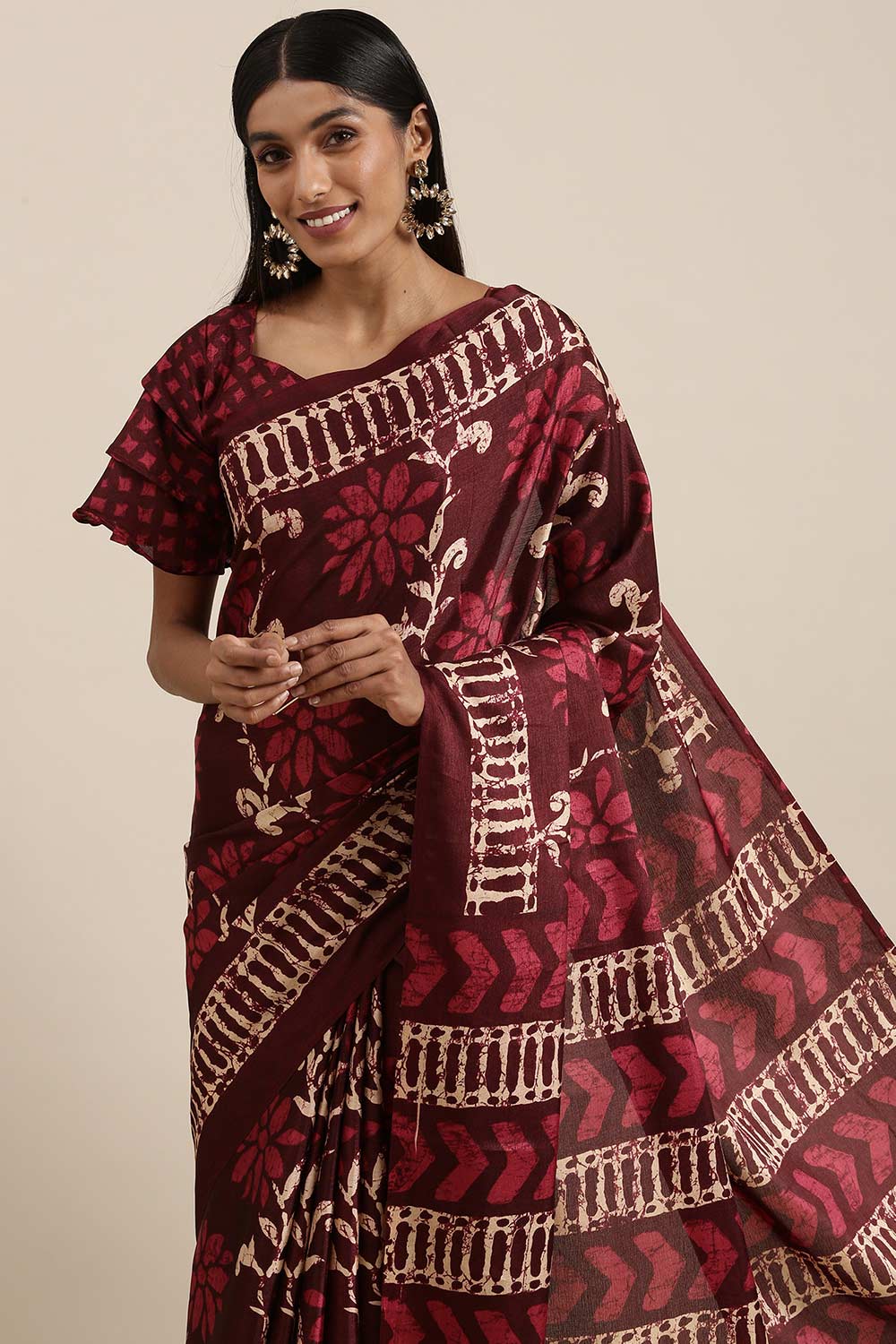 Maroon Manipuri Silk Floral Block Print Saree