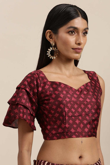 Maroon Handblock Printed Cotton Full Sleeves Sweatheart Neck Blouse