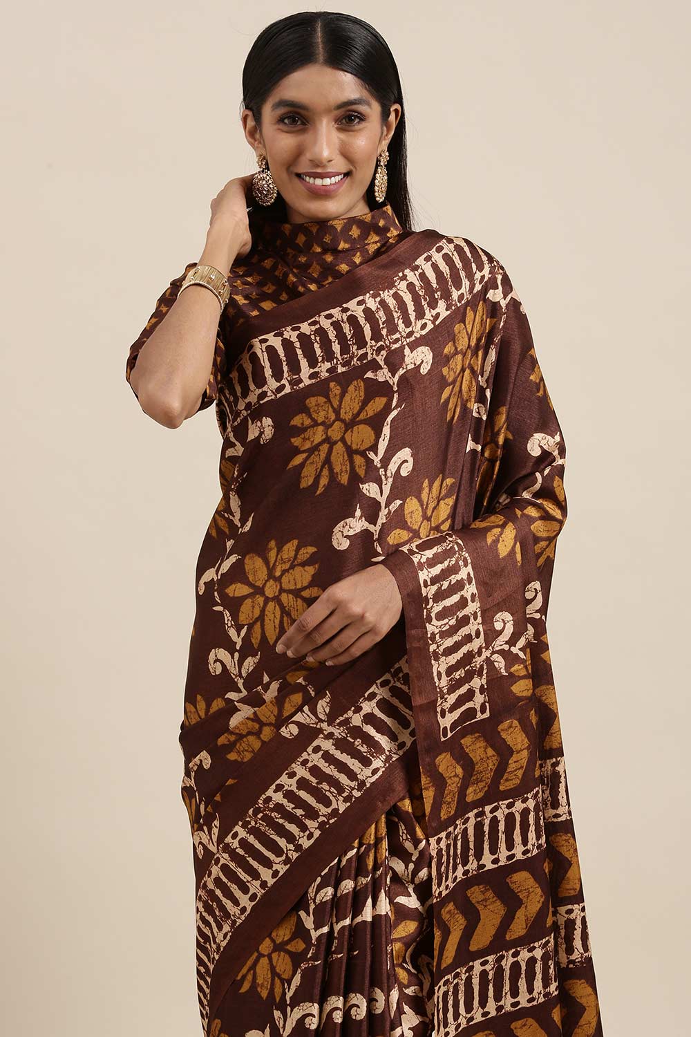 Brown Manipuri Silk Floral Block Print Saree