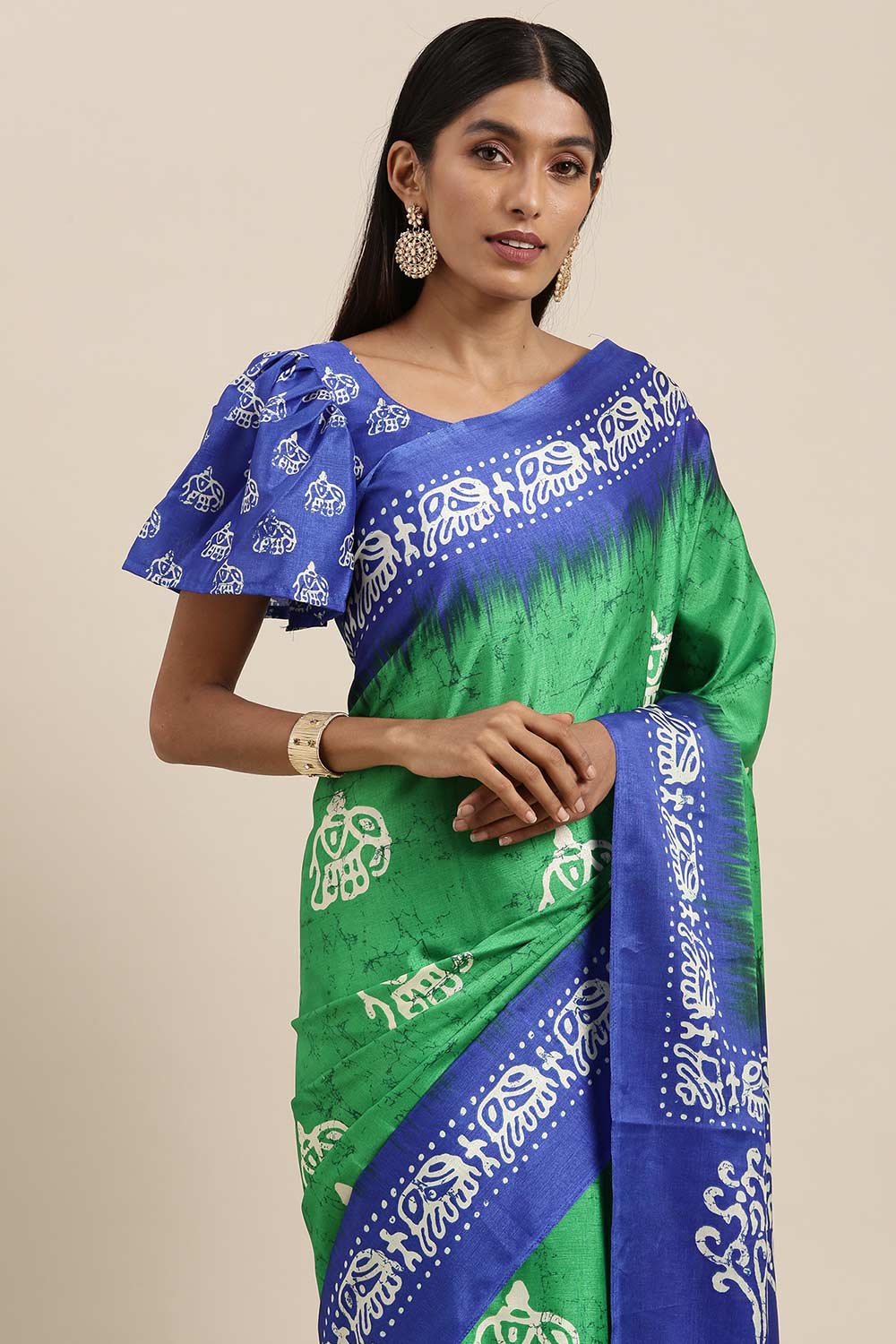 Green Manipuri Silk Animal Block Print Saree