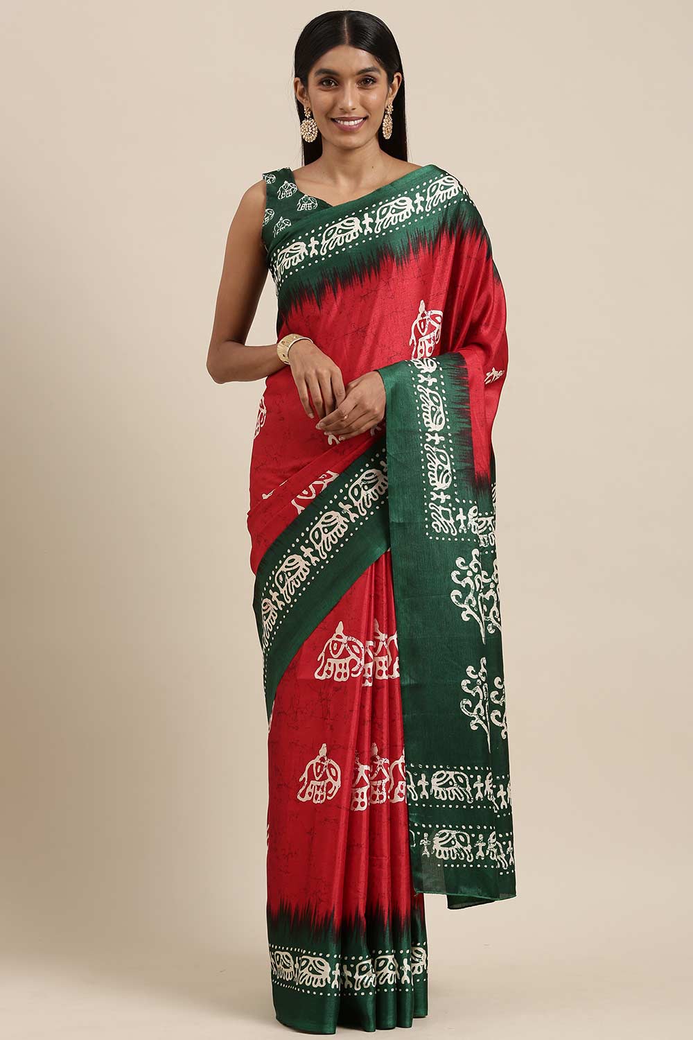 Red Manipuri Silk Animal Block Print Saree