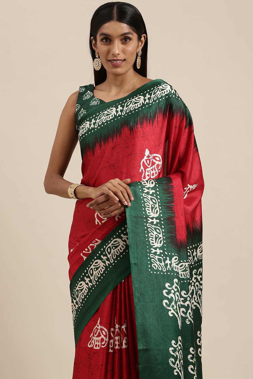 Red Manipuri Silk Animal Block Print Saree