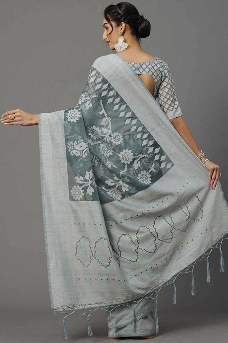 Brasso Grey Printed Designer Saree With Blouse