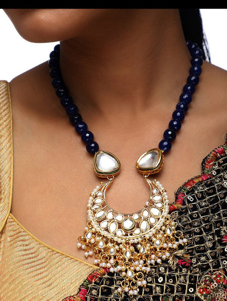 Women's Alloy Kundan Necklace with Studs Earrings in Gold and Blue