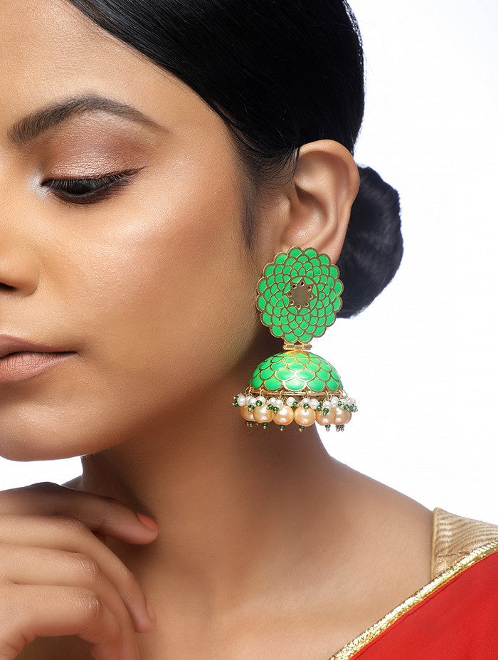 Alloy Jhumka Earrings In Green