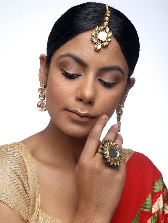 Women's Alloy Maang Tikka Earrings and Ring Set in Gold