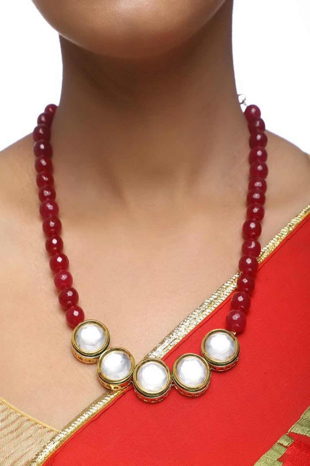 Women's Alloy Kundan Choker Set In Gold And Red