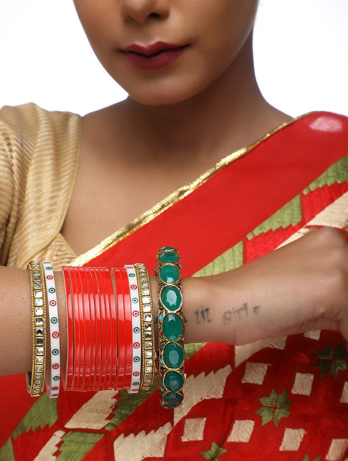 Women's Alloy Chuda With Kundan And Heavy Meenakari Bangles In Red And Green