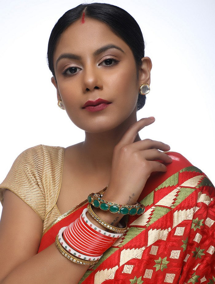 Women's Alloy Chuda With Kundan And Heavy Meenakari Bangles In Red And Green