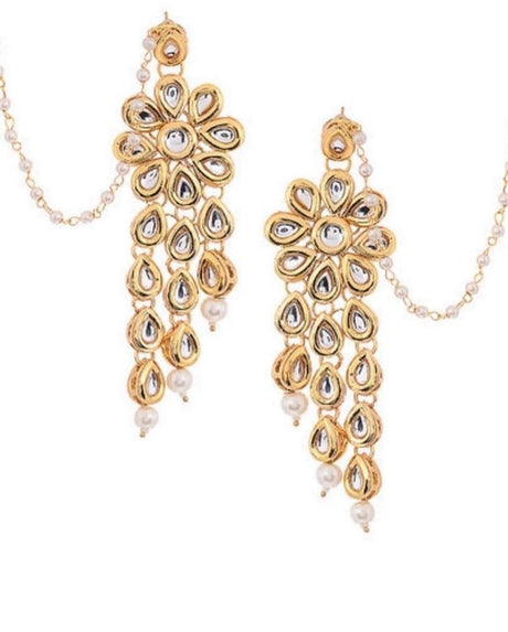 Women's Alloy Kundan Necklace with Earrings in Gold and White