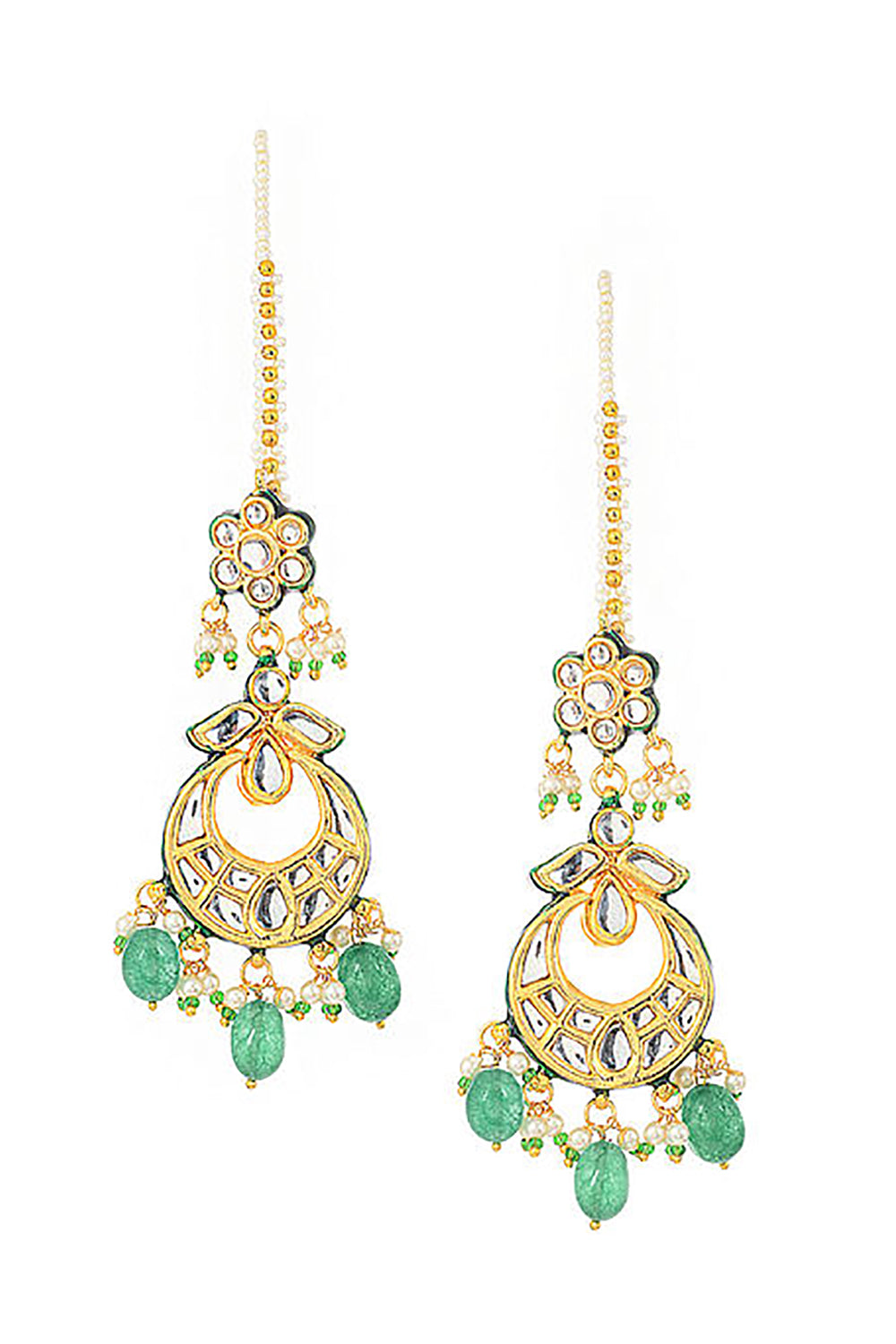 Alloy Kundan Earring With Emerald Stone In Gold And White