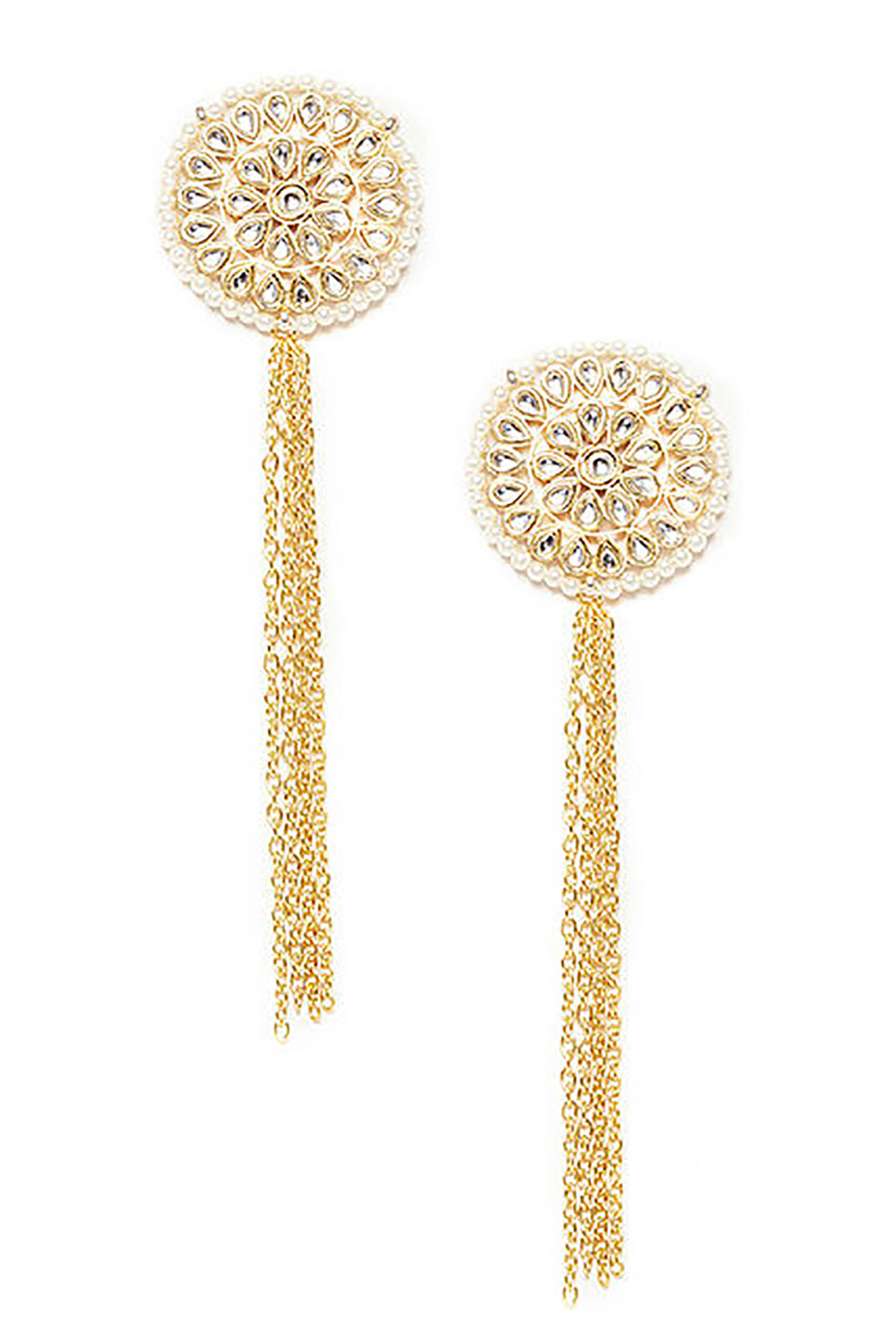 Alloy Kundan Studs Earring With Gold Chain In Gold And White