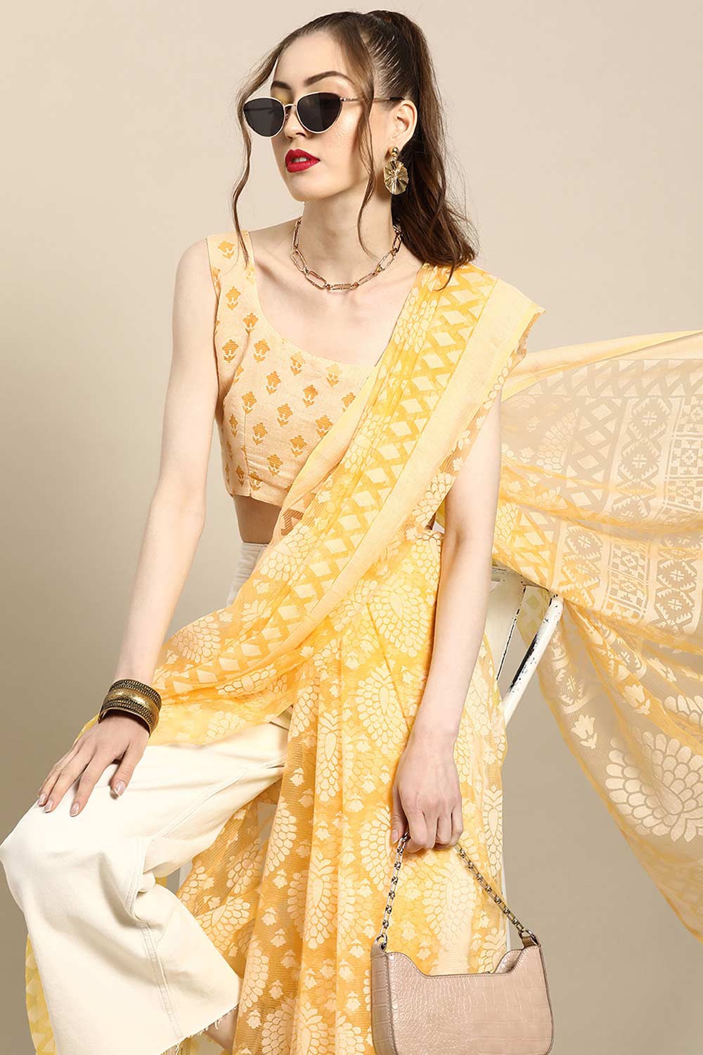 Yellow Brasso Floral Print Chanderi Saree