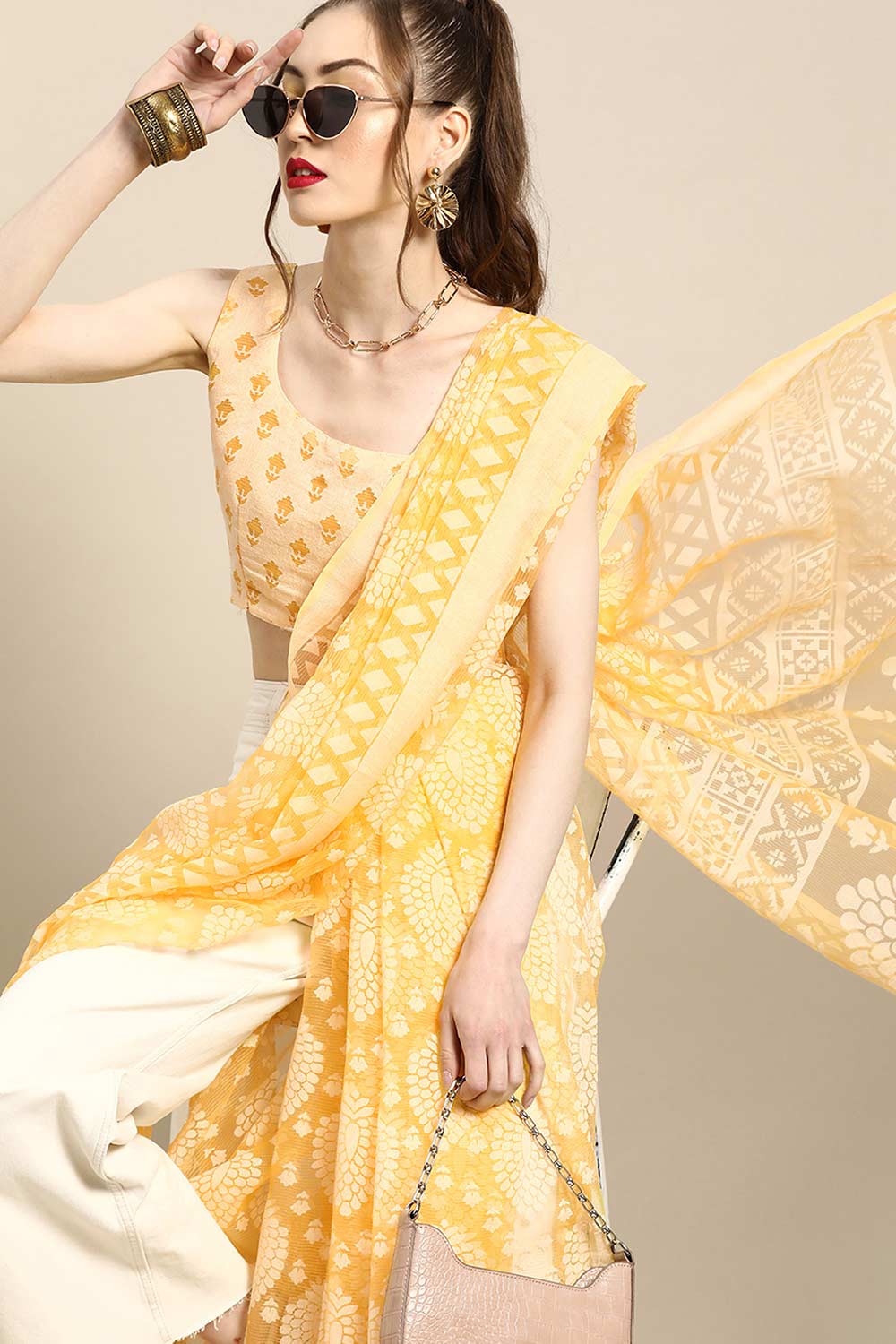 Yellow Brasso Floral Print Chanderi Saree